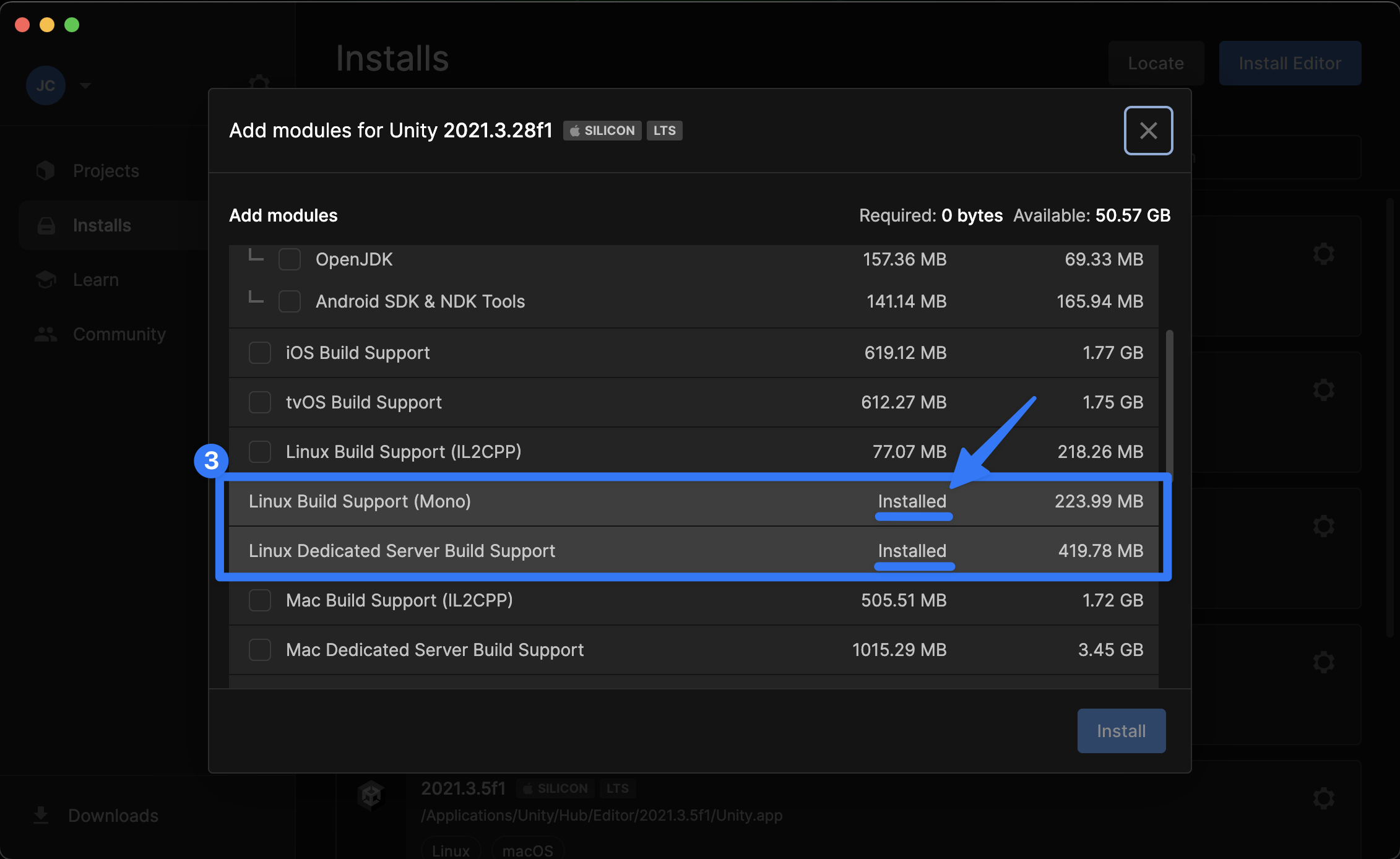 Required Unity modules step 2